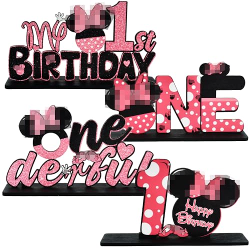 TONIFUL Pink Mouse 1st Birthday Party Centerpieces (4 Pack) – Wooden Table Decor for Girls