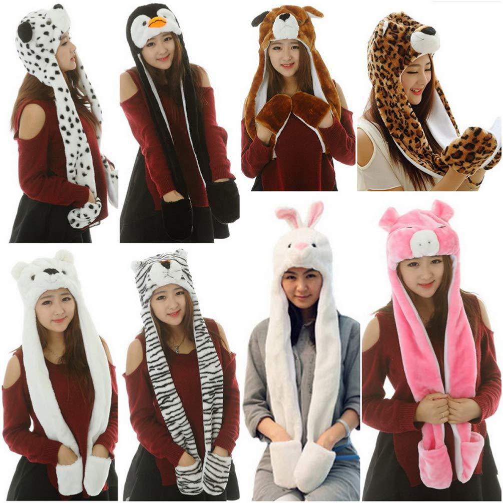 TONWHAR Cartoon Animal Hood Hoodie Hat with Attached Scarf and Mittens for Girls