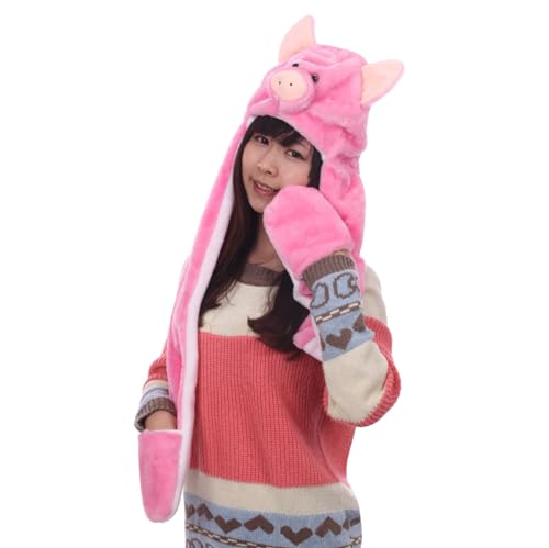 TONWHAR Cartoon Animal Hood Hoodie Hat with Attached Scarf and Mittens for Girls