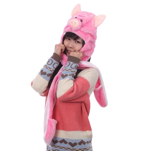 TONWHAR Cartoon Animal Hood Hoodie Hat with Attached Scarf and Mittens for Girls