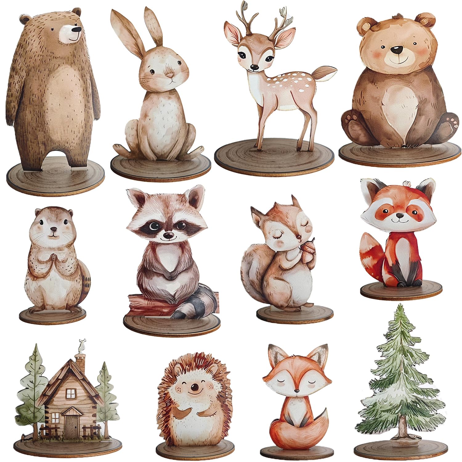 Toosunny 12-Piece Woodland Animal Figurines Set – Rustic Wooden Table Signs for Forest-Themed Party Centerpieces, Baby Shower, Birthday, Camping