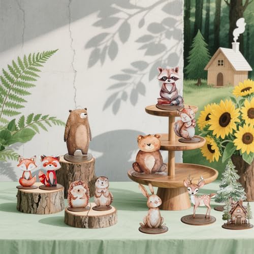 Toosunny 12-Piece Woodland Animal Figurines Set – Rustic Wooden Table Signs for Forest-Themed Party Centerpieces, Baby Shower, Birthday, Camping
