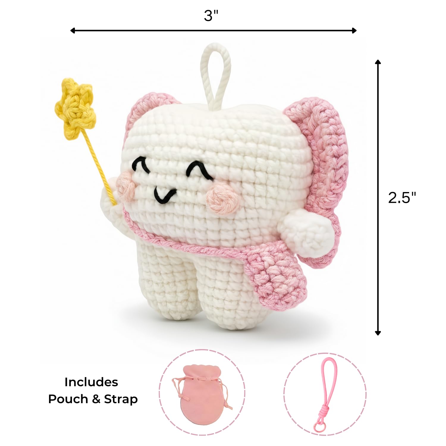 Tooth Fairy Crochet Plush with Detachable Tooth Pouch & Key Ring – Pink