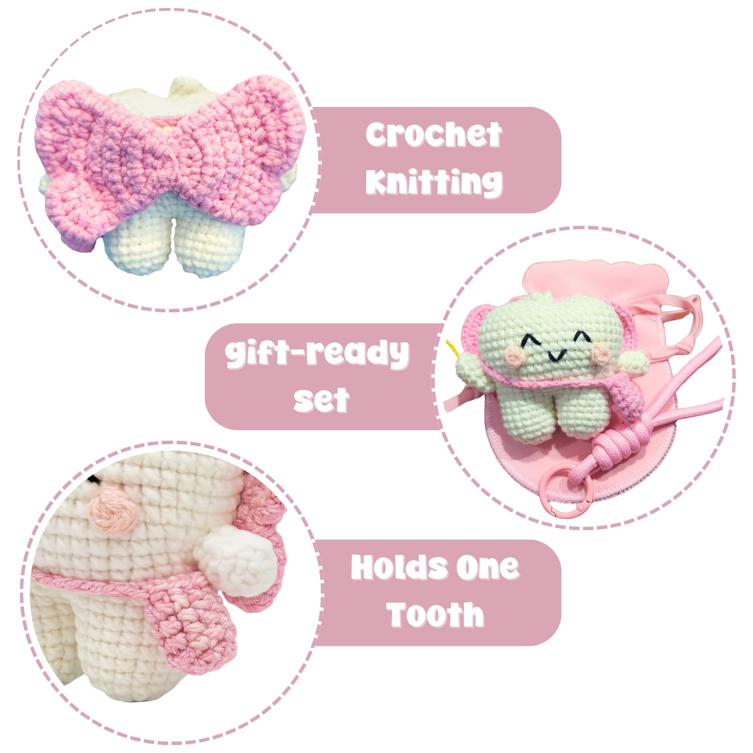 Tooth Fairy Crochet Plush with Detachable Tooth Pouch & Key Ring – Pink
