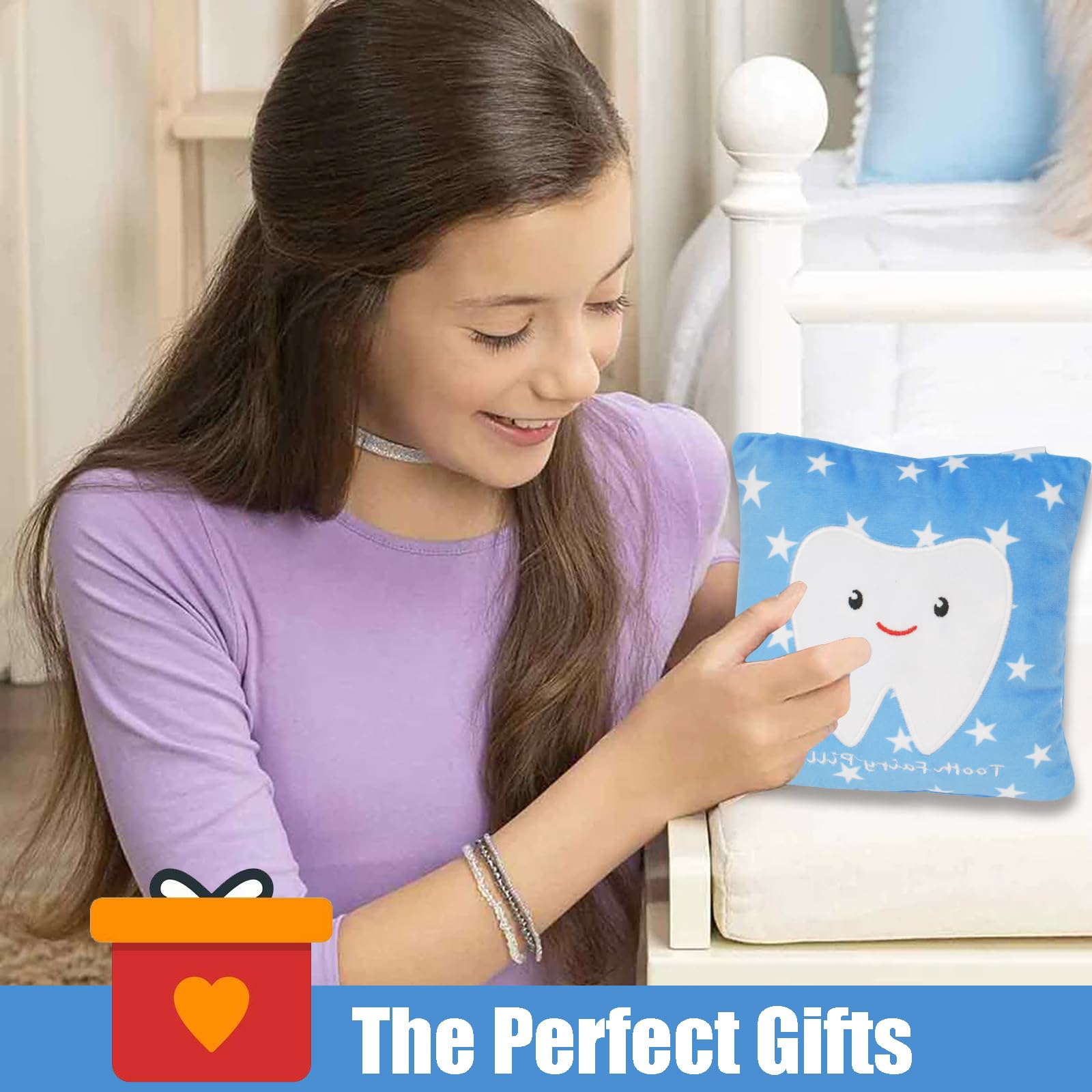 Tooth Fairy Pillow with Hidden Pocket and Hanging Strap – Felt Tooth Holder for Lost Teeth