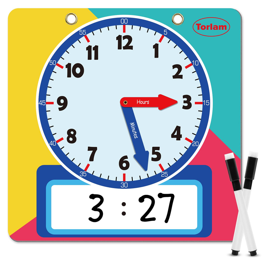 Torlam Magnetic Write & Wipe Learning Clock – 12" Rainbow Teaching Clock for Kids