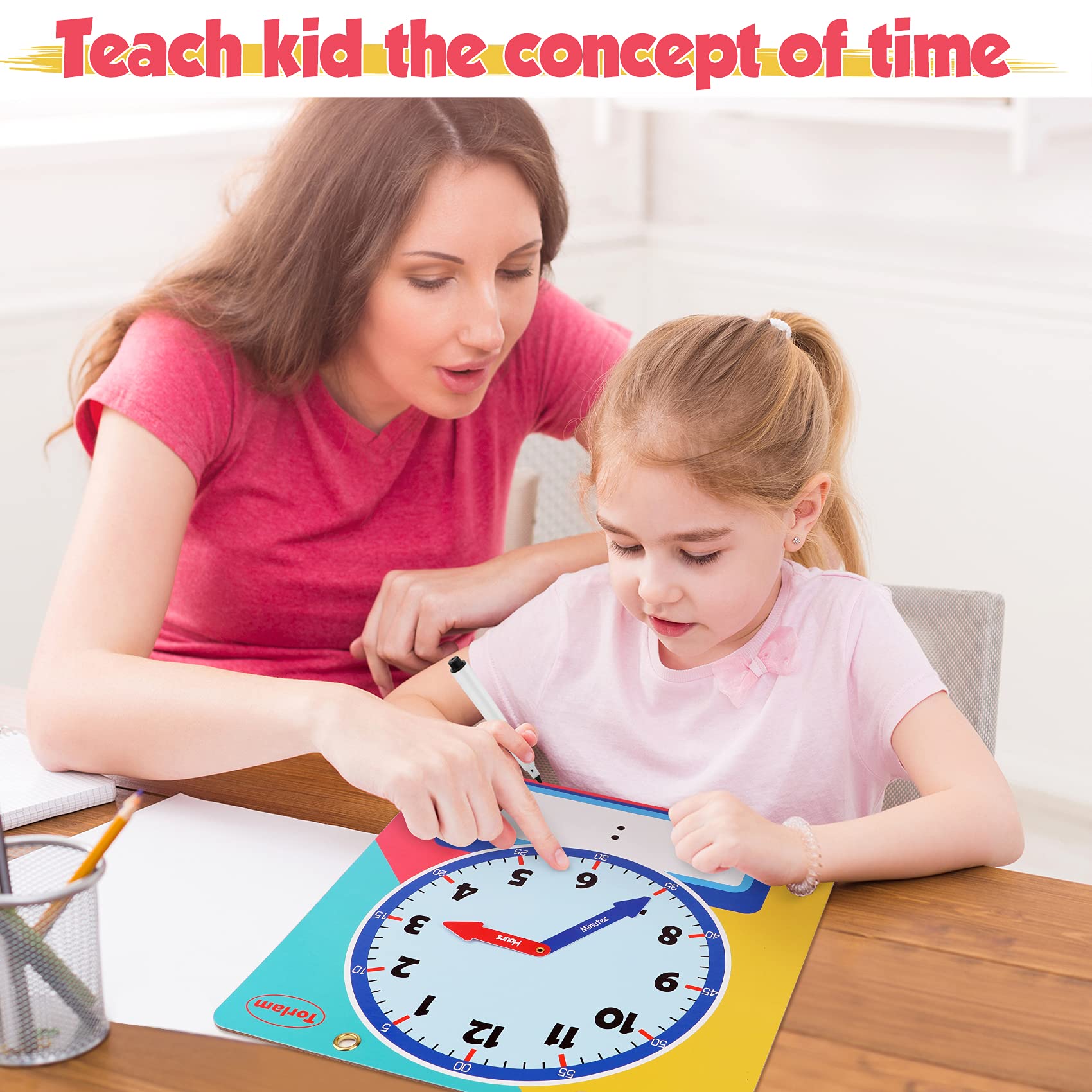 Torlam Magnetic Write & Wipe Learning Clock – 12" Rainbow Teaching Clock for Kids