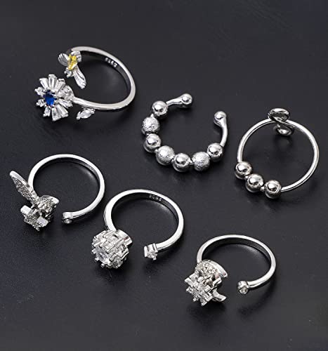 Tornito 6-Piece Fidget Spinner Ring Set - Adjustable Anxiety Rings with Cubic Zirconia in Silver & Gold Tone