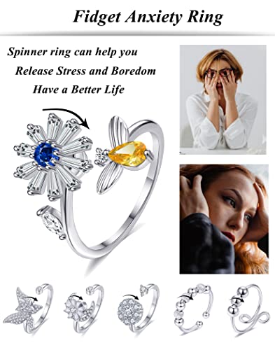 Tornito 6-Piece Fidget Spinner Ring Set - Adjustable Anxiety Rings with Cubic Zirconia in Silver & Gold Tone