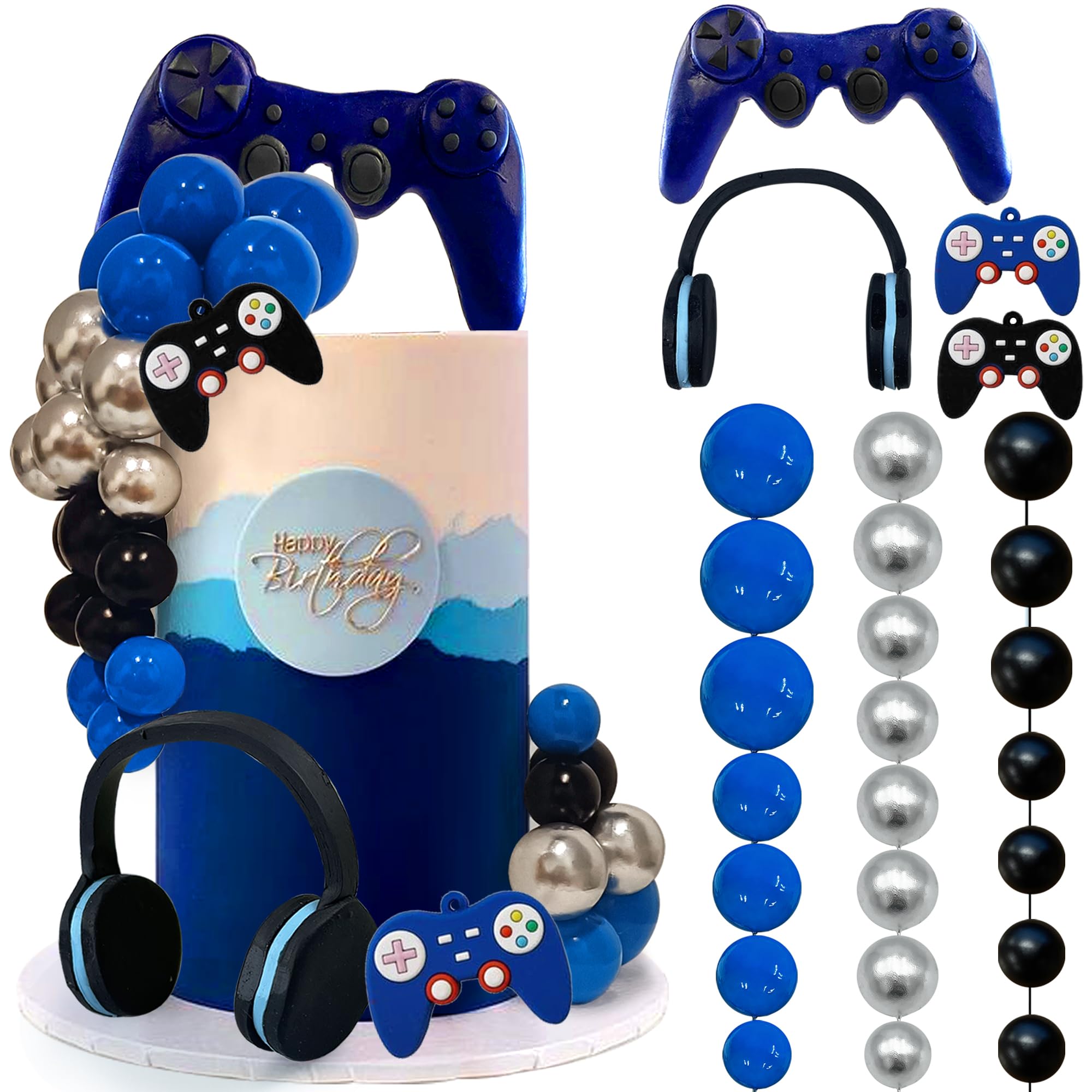 TOSPARTY 30-Piece Video Game Cake Toppers Set - Clay Headset & Controllers with Foam Balls