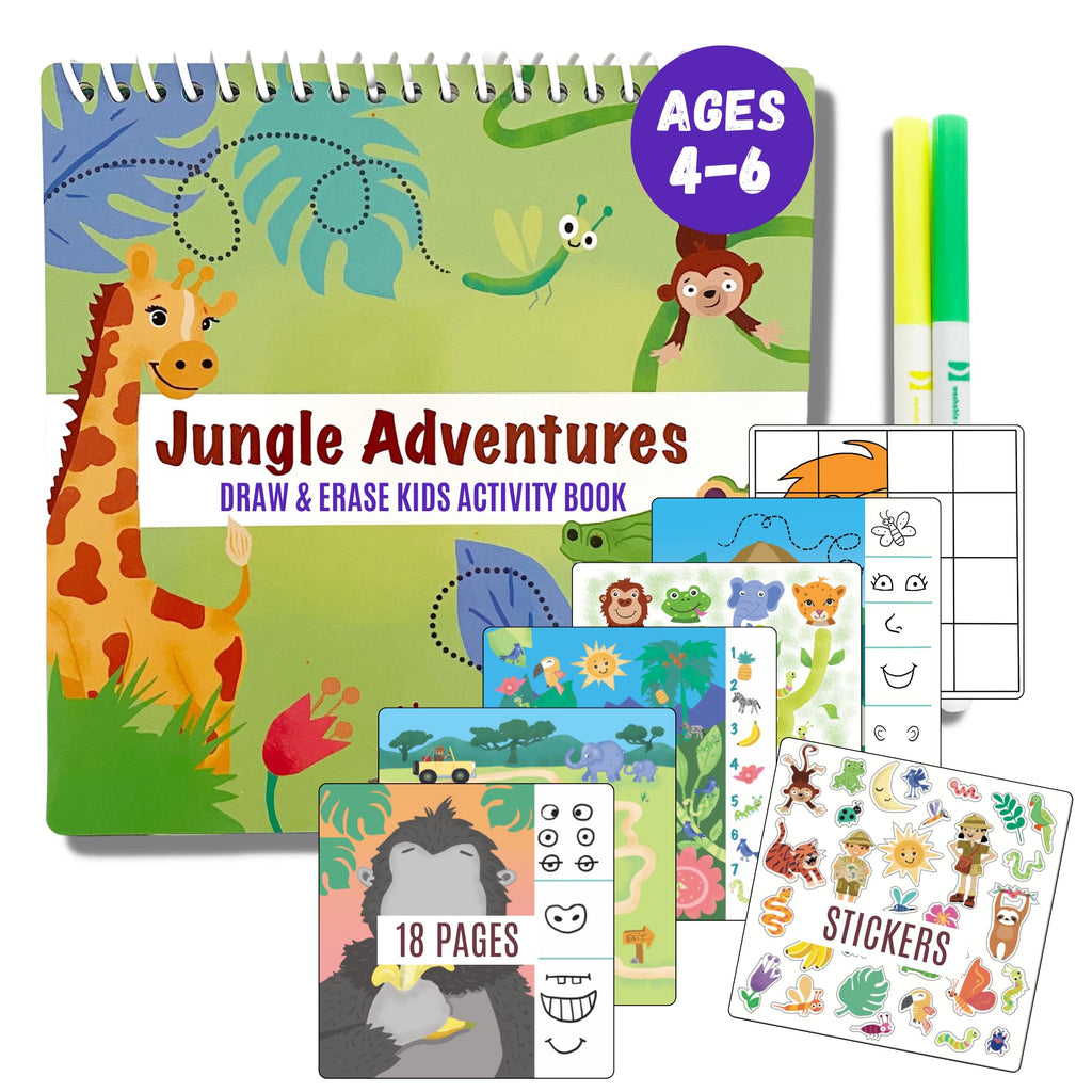 Totebook Dry Erase Activity Book for Kids Ages 4-6 – Jungle Theme with 18 Reusable Games, Markers & Stickers