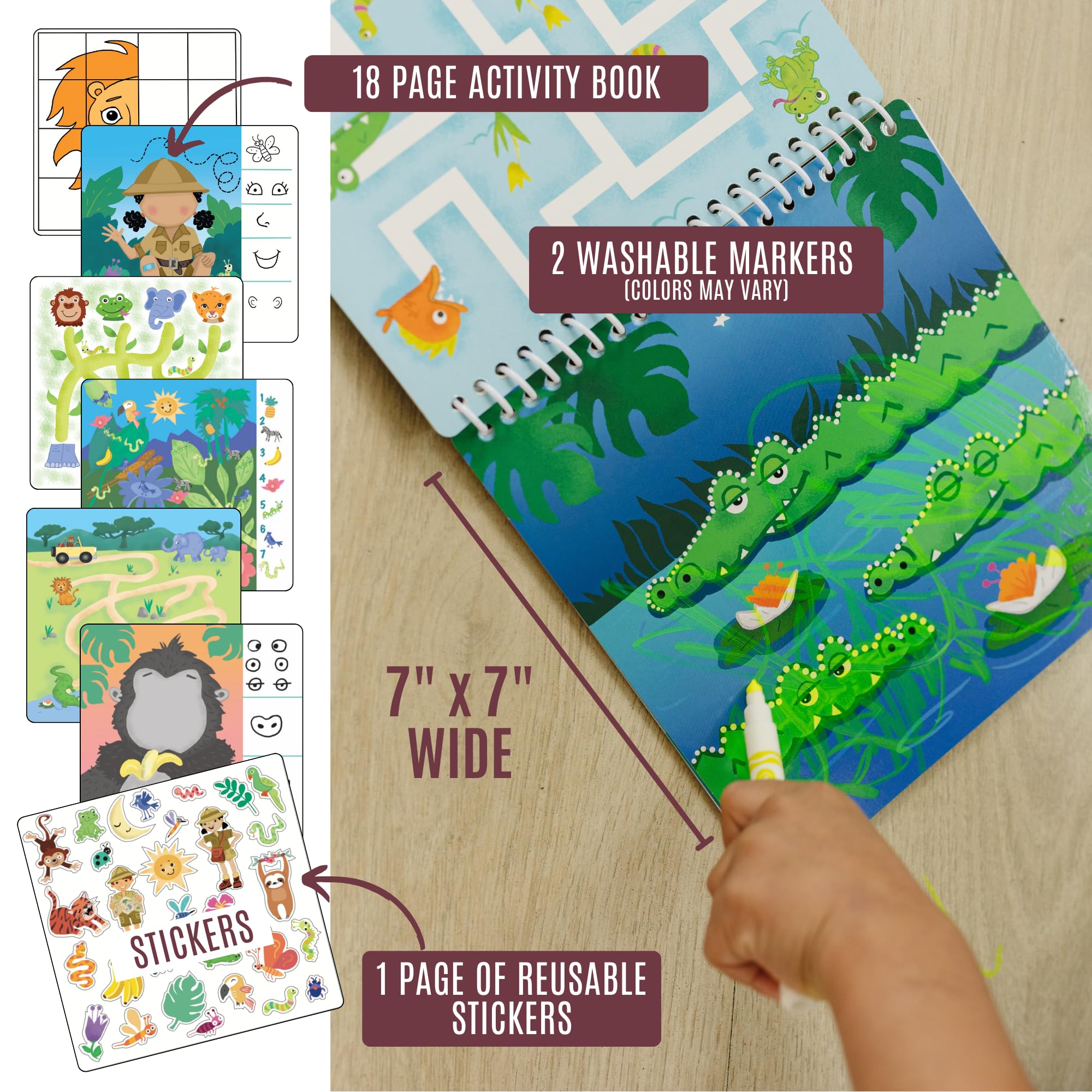 Totebook Dry Erase Activity Book for Kids Ages 4-6 – Jungle Theme with 18 Reusable Games, Markers & Stickers