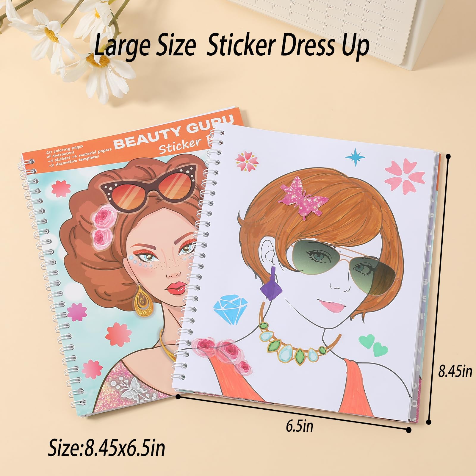Toulideifaria Coloring Sticker Dress Up Book for Girls - 20 Pages, 4 Stickers, 6 Paper Sheets, Makeup & Hair Style Activities