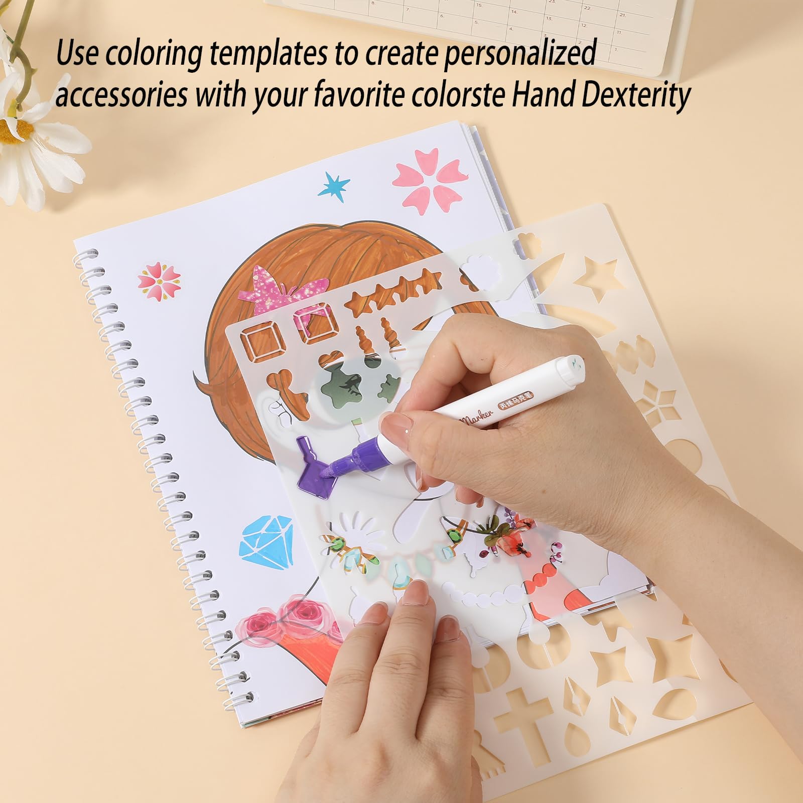 Toulideifaria Coloring Sticker Dress Up Book for Girls - 20 Pages, 4 Stickers, 6 Paper Sheets, Makeup & Hair Style Activities