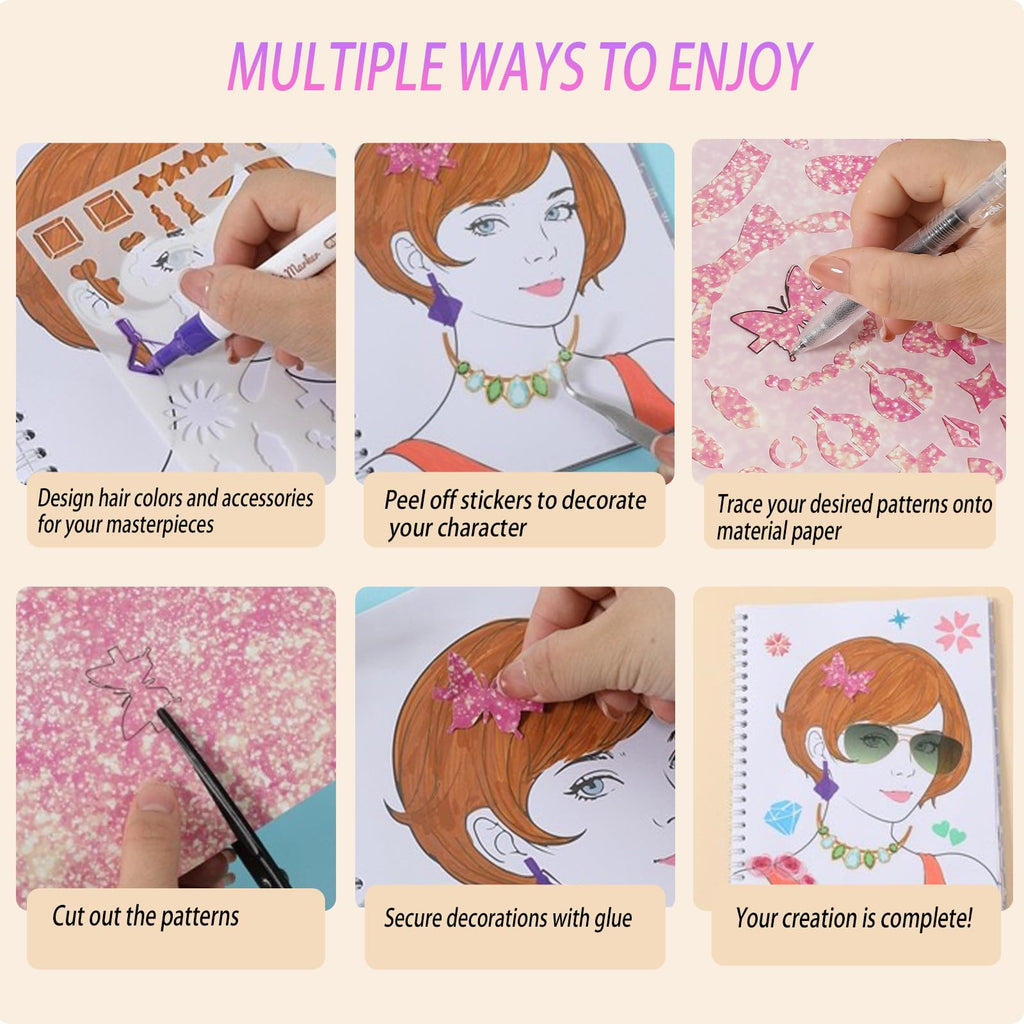 Toulideifaria Coloring Sticker Dress Up Book for Girls - 20 Pages, 4 Stickers, 6 Paper Sheets, Makeup & Hair Style Activities