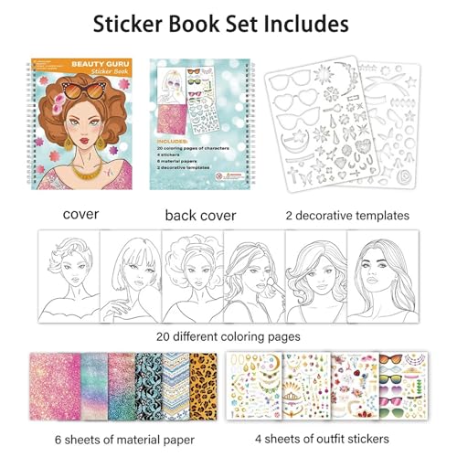 Toulideifaria Coloring Sticker Dress Up Book for Girls - 20 Pages, 4 Stickers, 6 Paper Sheets, Makeup & Hair Style Activities