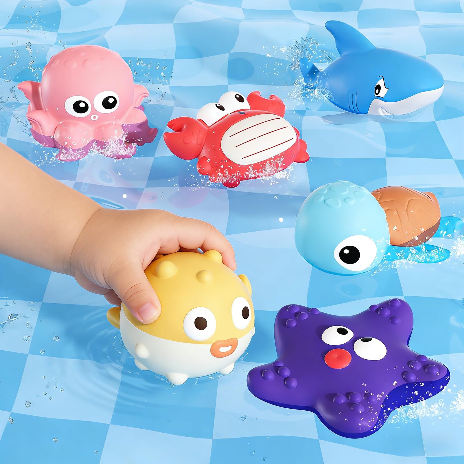Tovol Zerky No Hole Baby Bath Toys - 6 Pack Marine Animal Bathtub Toys for Toddlers 6+ Months