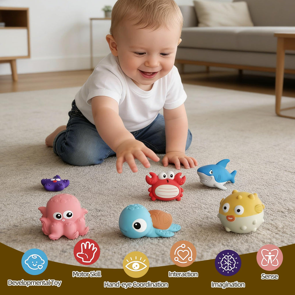 Tovol Zerky No Hole Baby Bath Toys - 6 Pack Marine Animal Bathtub Toys for Toddlers 6+ Months