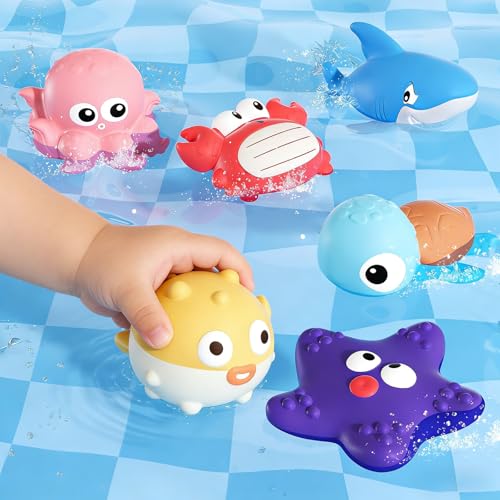Tovol Zerky No Hole Baby Bath Toys - 6 Pack Marine Animal Bathtub Toys for Toddlers 6+ Months