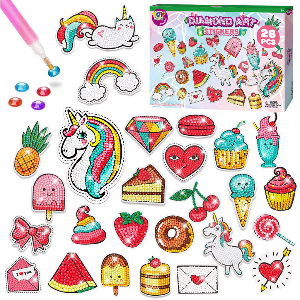 TOY Life Diamond Painting Stickers for Kids – 26 Pack Unicorn Gem Art Crafts for Girls Ages 3-12