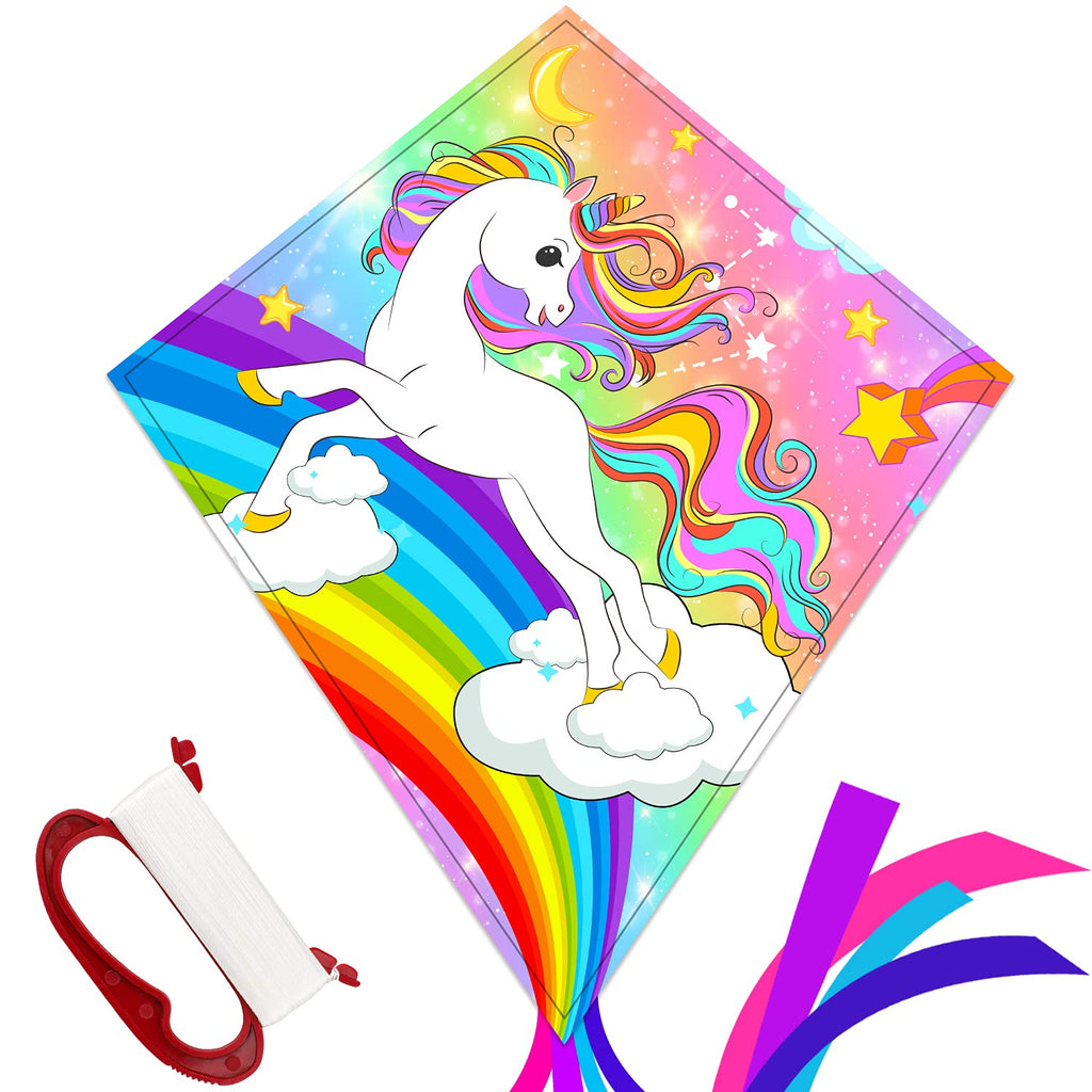 TOY Life Rainbow Unicorn Kite for Kids - Easy to Fly Large Nylon Kite with 50M String - Outdoor Toy for Ages 4-12
