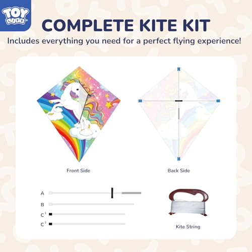 TOY Life Rainbow Unicorn Kite for Kids - Easy to Fly Large Nylon Kite with 50M String - Outdoor Toy for Ages 4-12