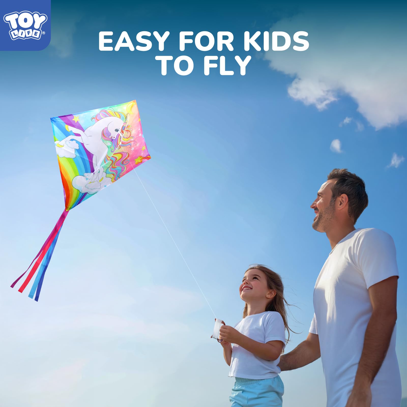 TOY Life Rainbow Unicorn Kite for Kids - Easy to Fly Large Nylon Kite with 50M String - Outdoor Toy for Ages 4-12