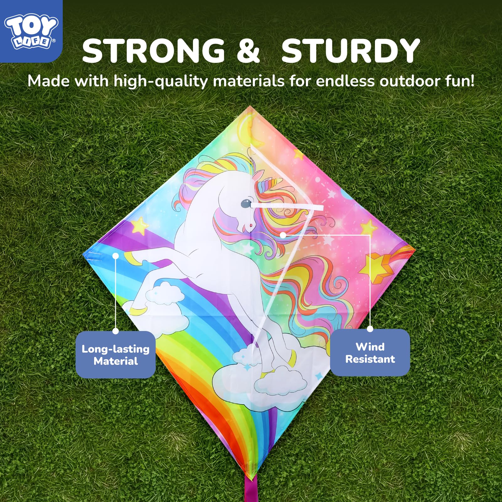 TOY Life Rainbow Unicorn Kite for Kids - Easy to Fly Large Nylon Kite with 50M String - Outdoor Toy for Ages 4-12