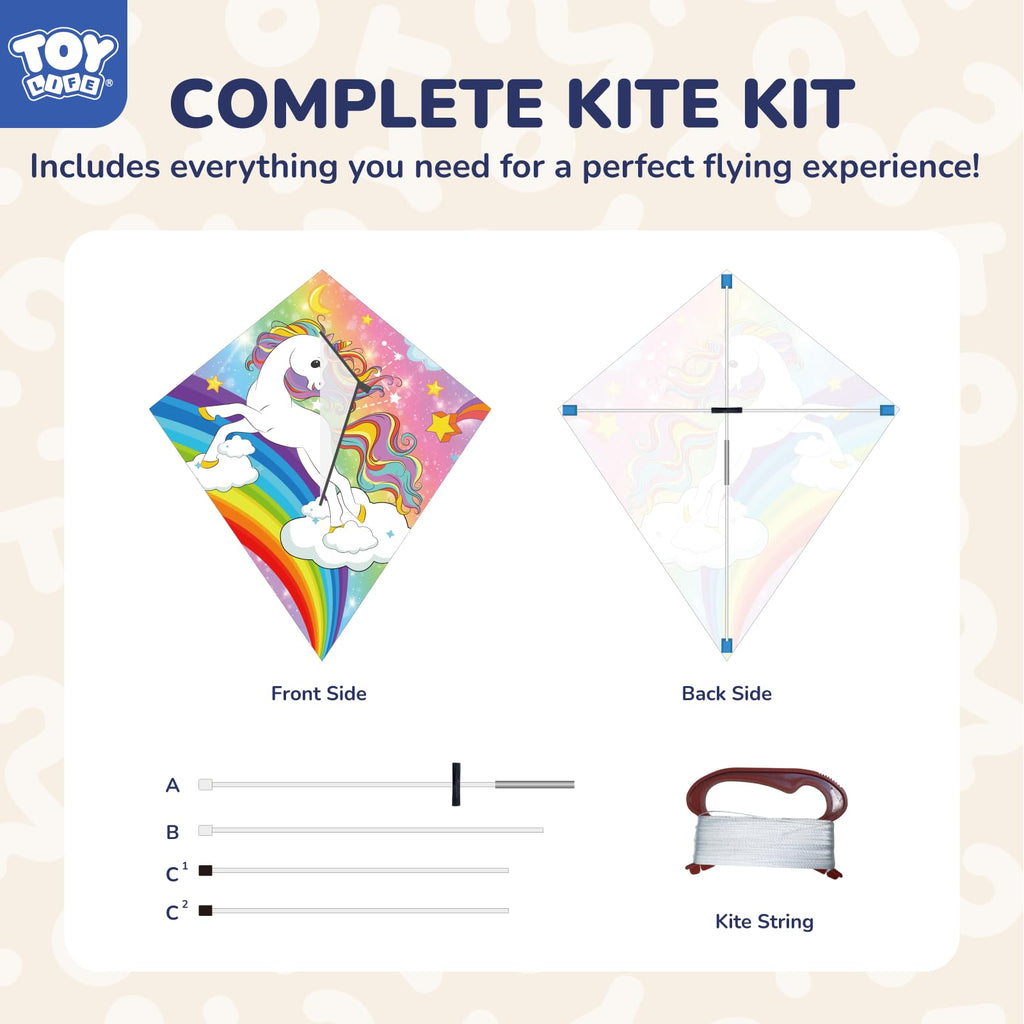 TOY Life Rainbow Unicorn Kite for Kids - Easy to Fly Large Nylon Kite with 50M String - Outdoor Toy for Ages 4-12