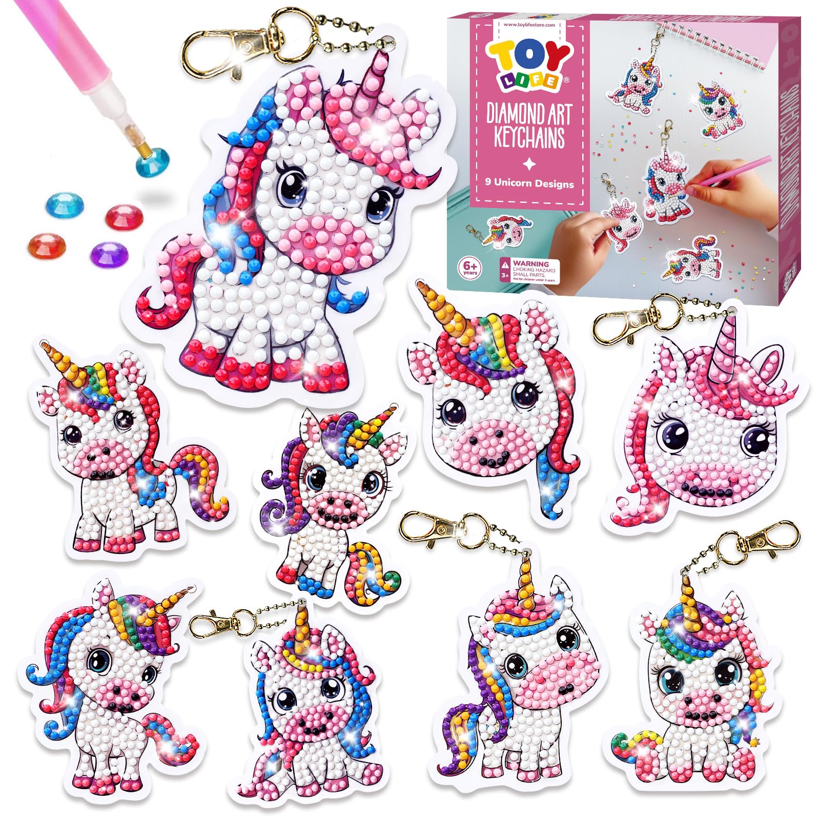 TOY Life Unicorn Diamond Art Kits for Kids - 9 Keychain Gems Craft Set for Ages 4-12