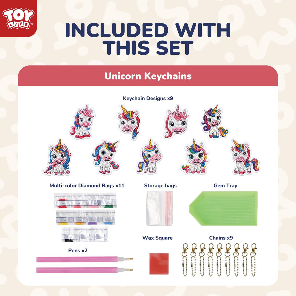 TOY Life Unicorn Diamond Art Kits for Kids - 9 Keychain Gems Craft Set for Ages 4-12