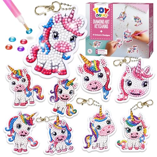 TOY Life Unicorn Diamond Art Kits for Kids - 9 Keychain Gems Craft Set for Ages 4-12