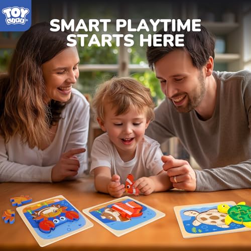 TOY Life Wooden Sea Animal Puzzles for Toddlers 1-3 – Safe, Smooth, and Colorful Learning Toy Set of 4