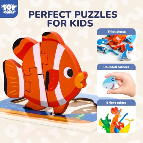TOY Life Wooden Sea Animal Puzzles for Toddlers 1-3 – Safe, Smooth, and Colorful Learning Toy Set of 4
