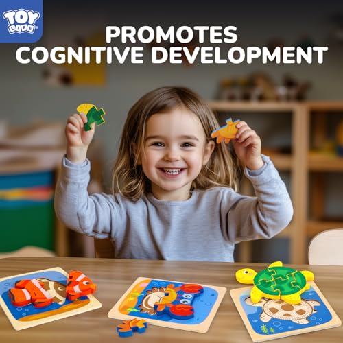 TOY Life Wooden Sea Animal Puzzles for Toddlers 1-3 – Safe, Smooth, and Colorful Learning Toy Set of 4