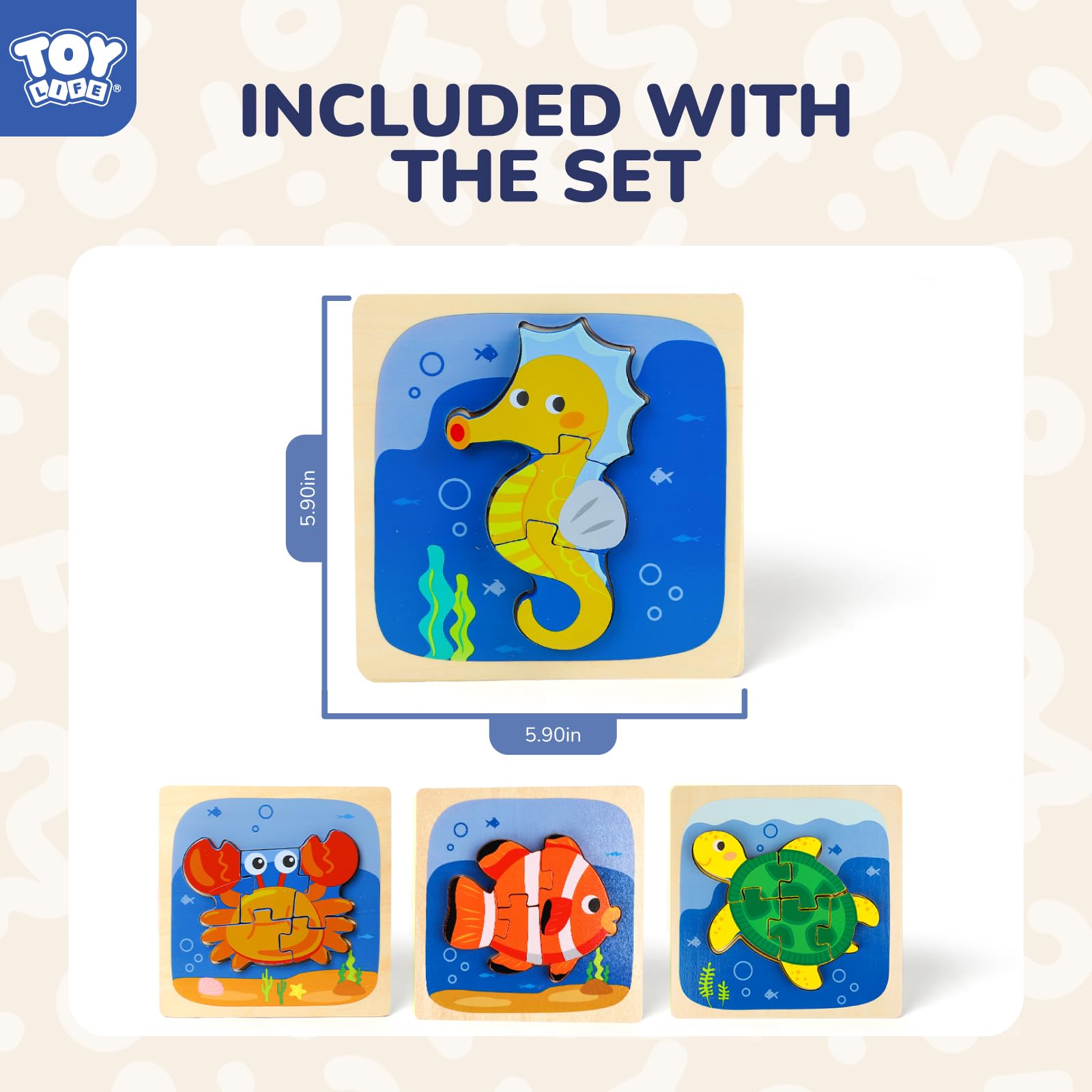 TOY Life Wooden Sea Animal Puzzles for Toddlers 1-3 – Safe, Smooth, and Colorful Learning Toy Set of 4