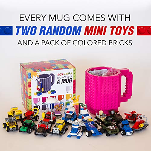 TOYAMBA Build-on Brick Mug 16oz BPA-Free Plastic with 3 Building Bricks, Magenta – Creative DIY Building Block Cup