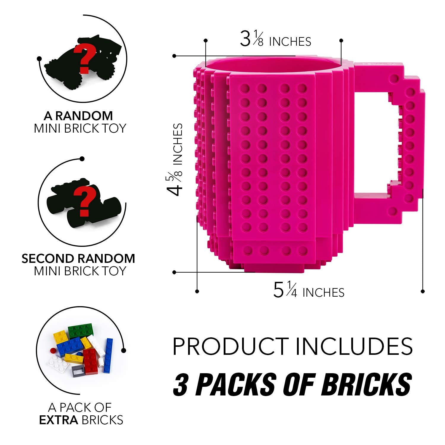 TOYAMBA Build-on Brick Mug 16oz BPA-Free Plastic with 3 Building Bricks, Magenta – Creative DIY Building Block Cup