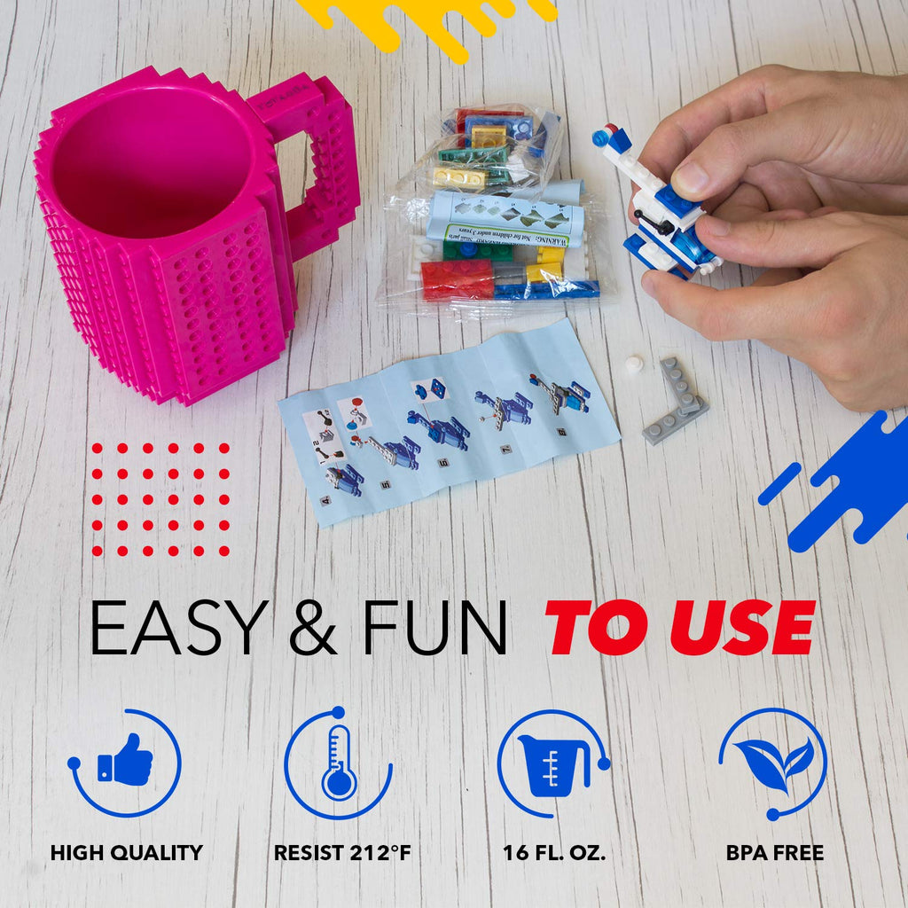 TOYAMBA Build-on Brick Mug 16oz BPA-Free Plastic with 3 Building Bricks, Magenta – Creative DIY Building Block Cup