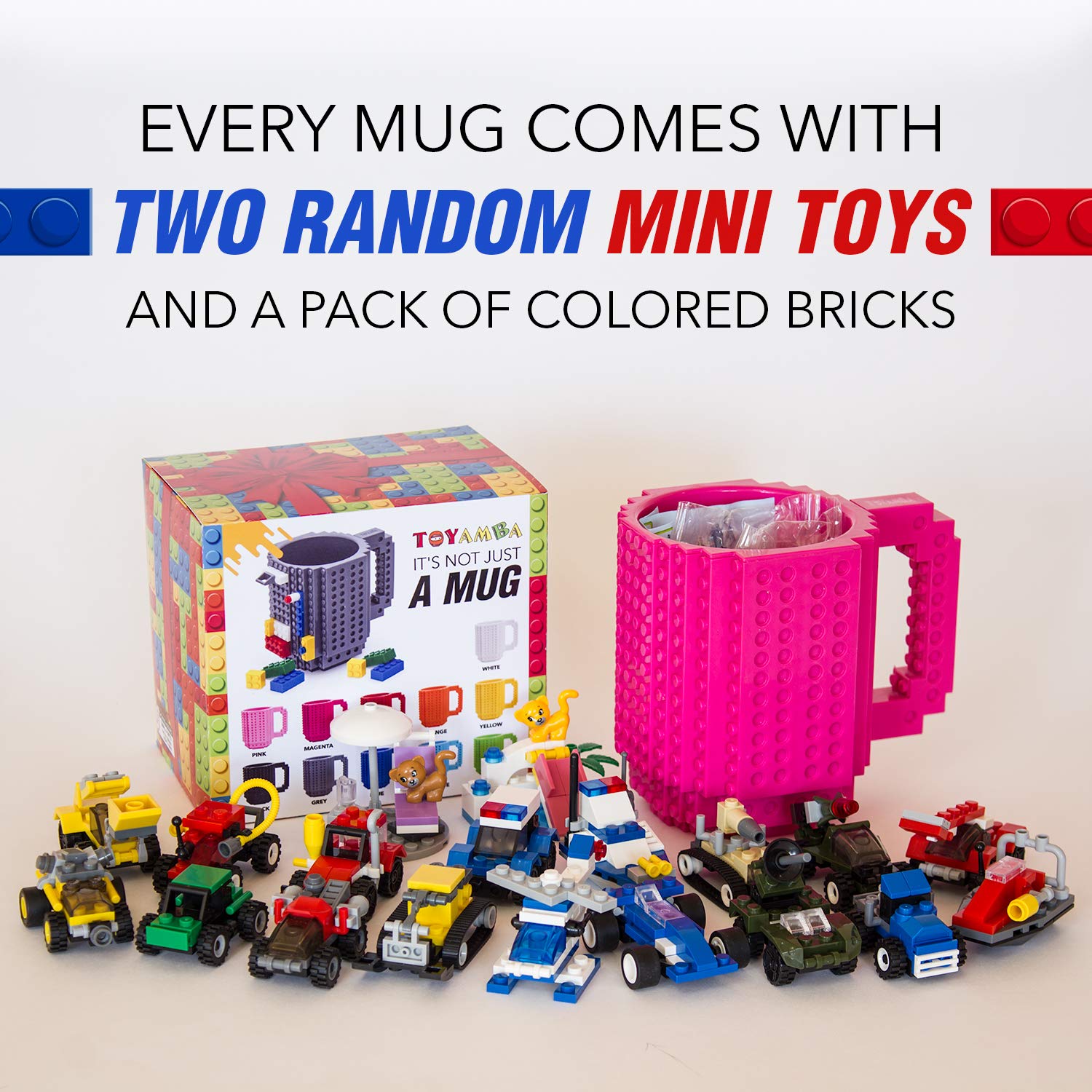 TOYAMBA Build-on Brick Mug 16oz BPA-Free Plastic with 3 Building Bricks, Magenta – Creative DIY Building Block Cup