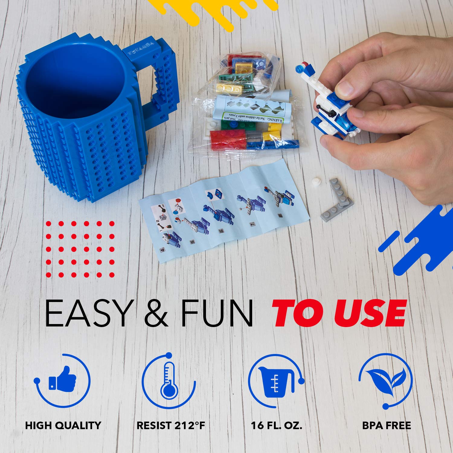 TOYAMBA Build-on Brick Mug 16oz BPA-Free with Building Bricks – Creative DIY Cup for Kids and Adults