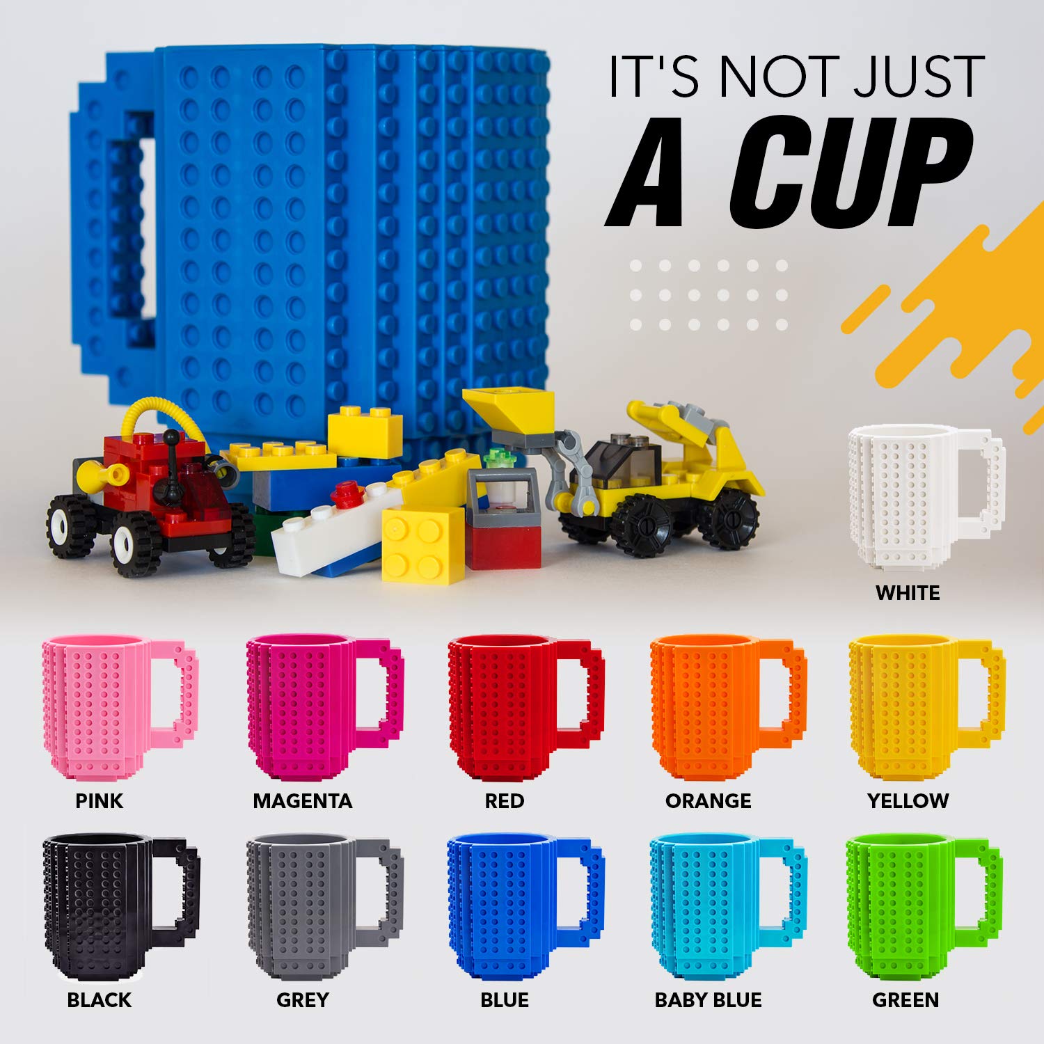 TOYAMBA Build-on Brick Mug 16oz BPA-Free with Building Bricks – Creative DIY Cup for Kids and Adults