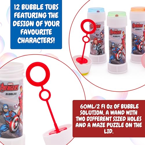 Toyland Avengers Bubble Tubs (Pack of 12) – 2 fl oz Each, Hypoallergenic Solution, Maze Lid & Dual-Hole Wand