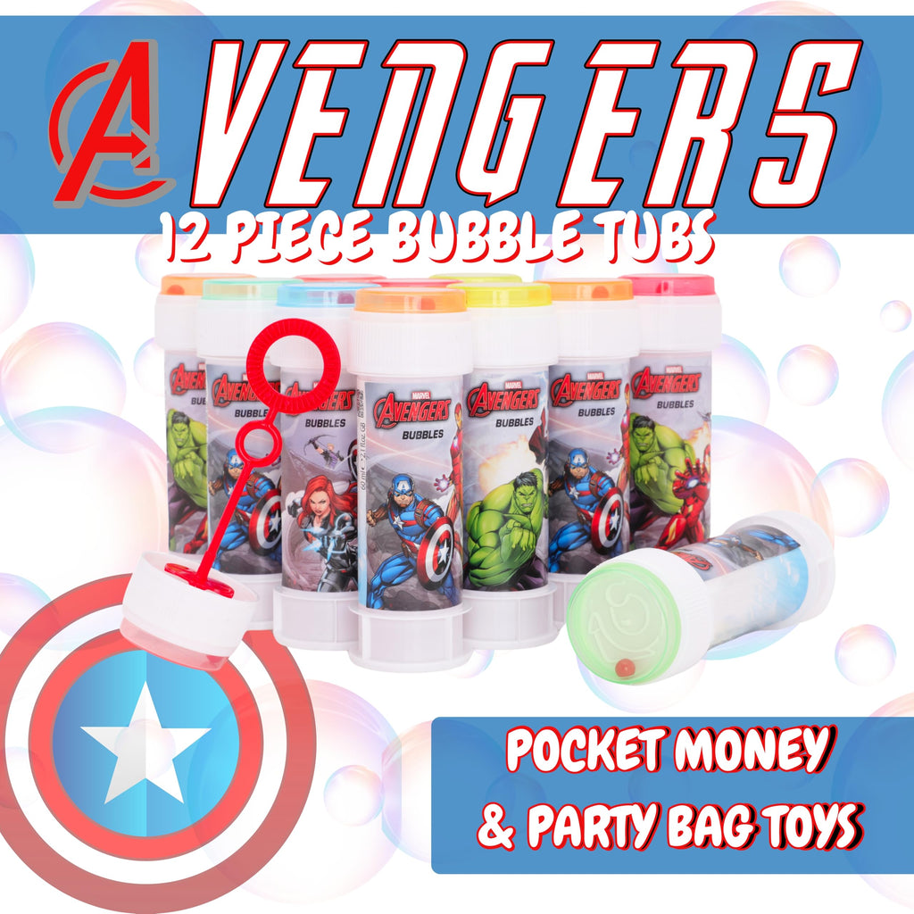 Toyland Avengers Bubble Tubs (Pack of 12) – 2 fl oz Each, Hypoallergenic Solution, Maze Lid & Dual-Hole Wand