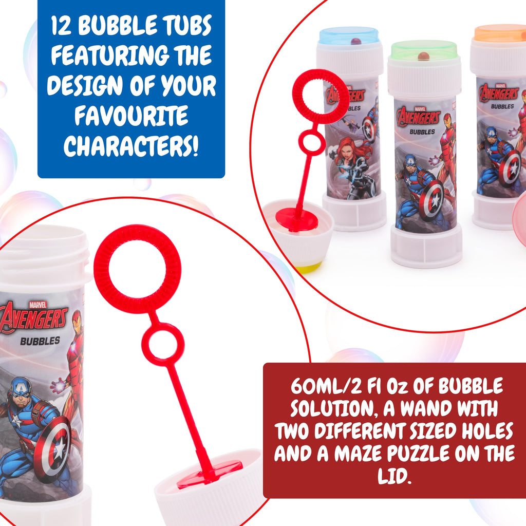 Toyland Avengers Bubble Tubs (Pack of 12) – 2 fl oz Each, Hypoallergenic Solution, Maze Lid & Dual-Hole Wand