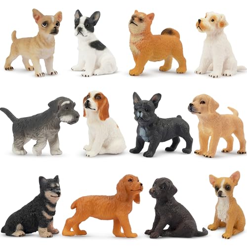 Toymany 12PCS Mini Dog Figurines – Hand-Painted Plastic Puppies, 6 Breeds, Cake Toppers for Kids 3+