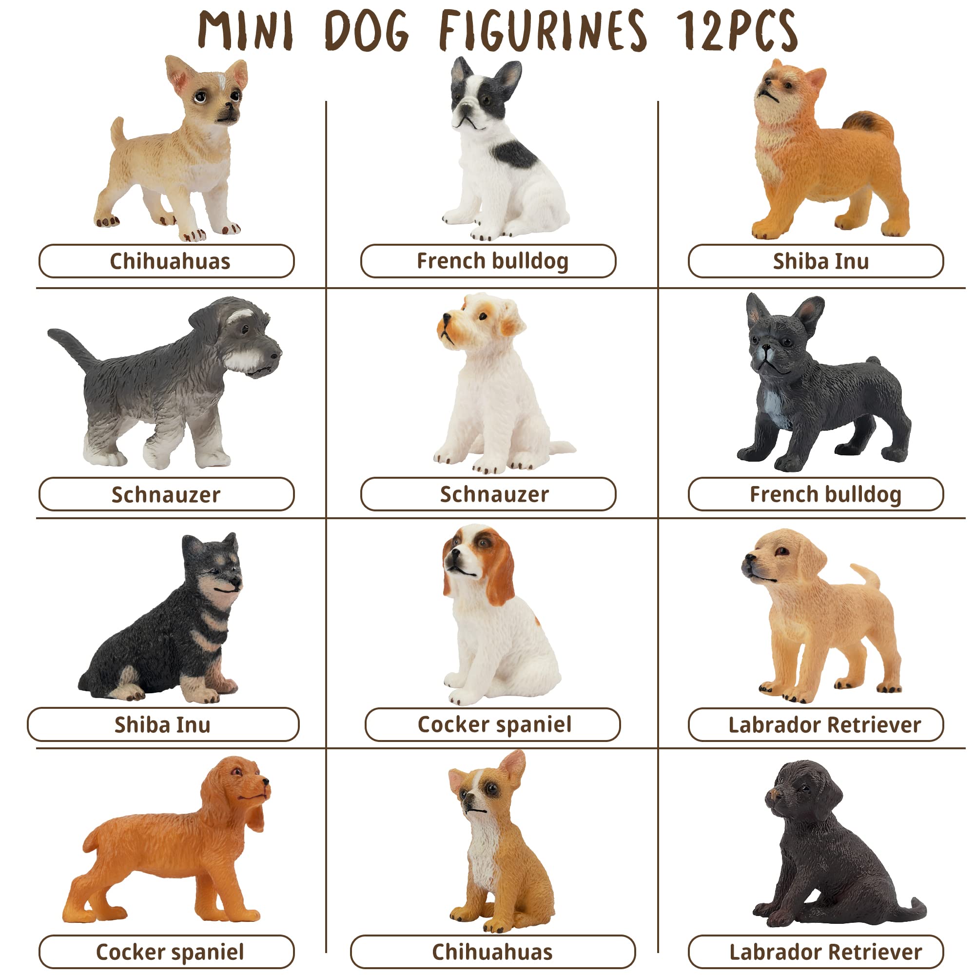 Toymany 12PCS Mini Dog Figurines – Hand-Painted Plastic Puppies, 6 Breeds, Cake Toppers for Kids 3+