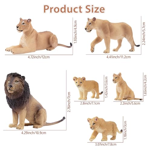 Toymany 6-Piece Lion Family Figurines – Realistic Safari Animals Set with Lion, Lionesses, and Cubs