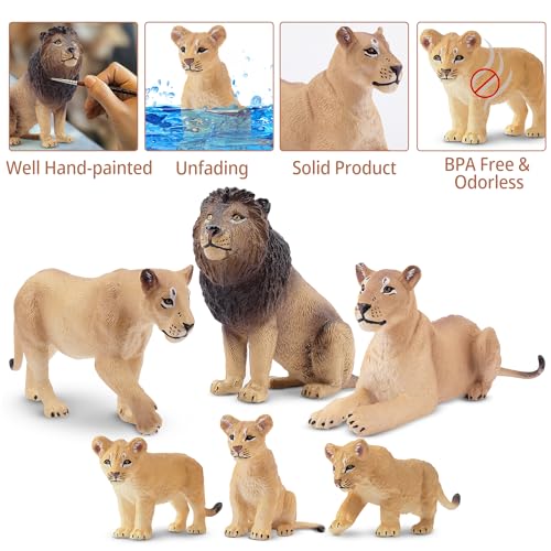 Toymany 6-Piece Lion Family Figurines – Realistic Safari Animals Set with Lion, Lionesses, and Cubs