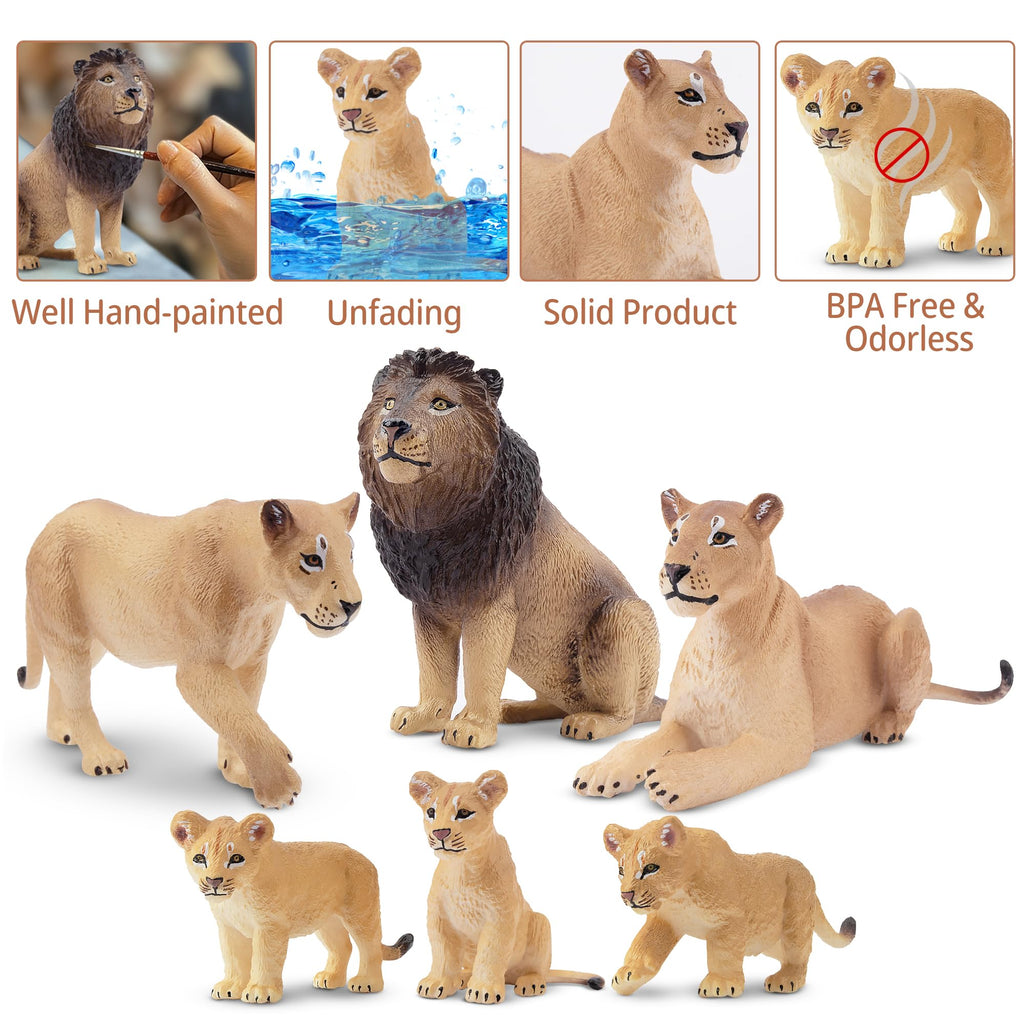 Toymany 6-Piece Lion Family Figurines – Realistic Safari Animals Set with Lion, Lionesses, and Cubs